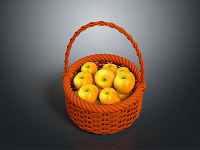 Fresh yellow apples in an orange woven basket filled with ripe fruits 3d model