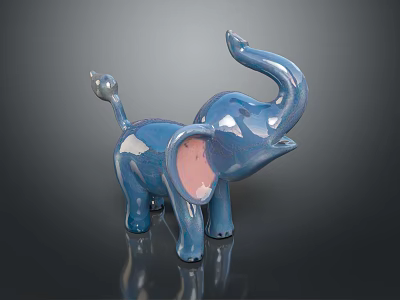 Glossy Blue Ceramic Elephant Figurine with Pink Ears Raised Trunk and Tail Ball 3d model