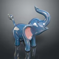 Glossy Blue Ceramic Elephant Figurine with Pink Ears Raised Trunk and Tail Ball