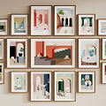 Abstract Paintings Various Frames Hanging On Wall Modern Minimalist Style Soft Colors Arch Stairs Plants