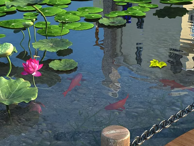 Tranquil Pond Scenery With Green Lotus Leaves Pink Flower Red Koi Fish And Water Reflections 3d model