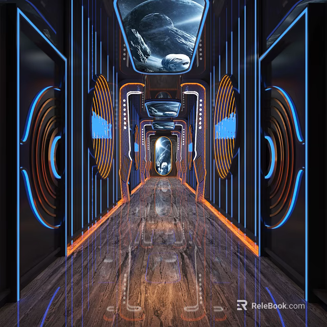 KTV Corridor With Futuristic Design Blue Orange Lighting And Curved Decorations 3d model 