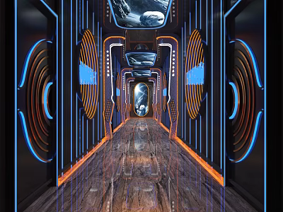 KTV Corridor With Futuristic Design Blue Orange Lighting And Curved Decorations 3d model