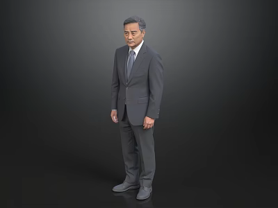 A Man Standing In Dark Background Wearing Gray Suit And Tie 3d model