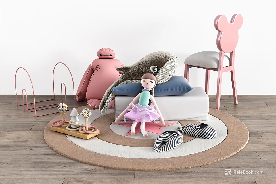 Cute Children's Dolls Including Ballerina Pink Plush And Zebra Striped Toys On Round Play Rug 3d model 