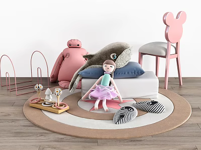Cute Children's Dolls Including Ballerina Pink Plush And Zebra Striped Toys On Round Play Rug 3d model