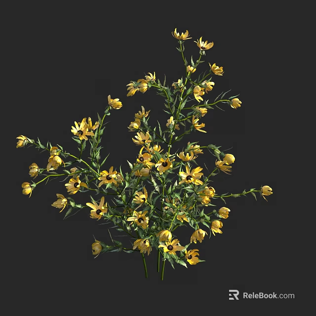 Yellow Daisy Like Flowers Bouquet With Green Stems And Leaves 3d model 