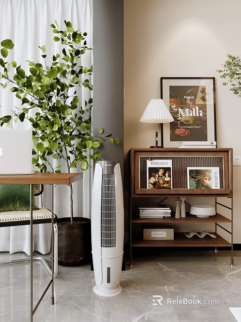 Modern Entryway Side Cabinet with Green Plants Table Lamp Decorative Painting Magazines and Decorative Items 3d model 