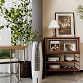 Modern Entryway Side Cabinet with Green Plants Table Lamp Decorative Painting Magazines and Decorative Items