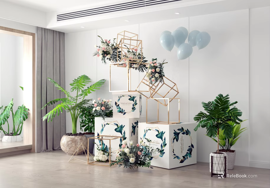 Modern Indoor Floral Installation With Geometric Metal Frames Fresh Flowers And Green Plants 3d model 