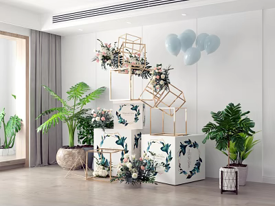 Modern Indoor Floral Installation With Geometric Metal Frames Fresh Flowers And Green Plants 3d model