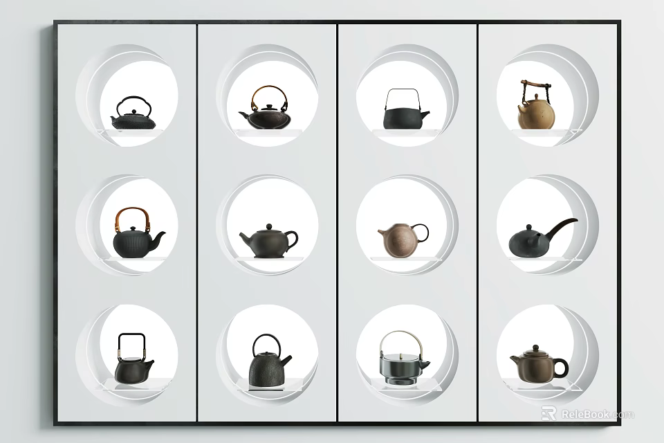 Tea Sets Display On White Shelf With Circular Compartments And Various Teapots 3d model 