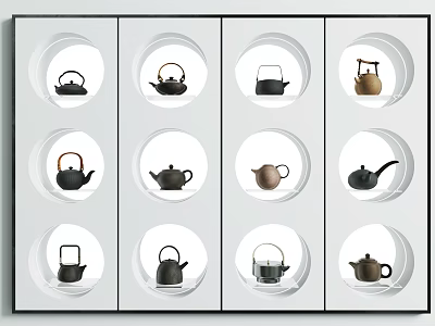 Tea Sets Display On White Shelf With Circular Compartments And Various Teapots 3d model