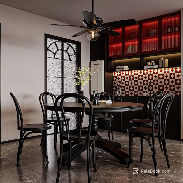 Modern Restaurant Interior Design With Round Table Black Chairs Red Cabinets And Patterned Tile Wall 3d model