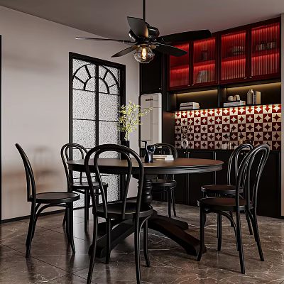 Modern Restaurant Interior Design With Round Table Black Chairs Red Cabinets And Patterned Tile Wall 3d model