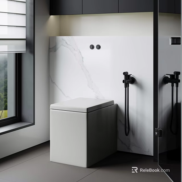 Modern Bathroom Toilet With White Marble Wall And Black Faucet Design 3d model 