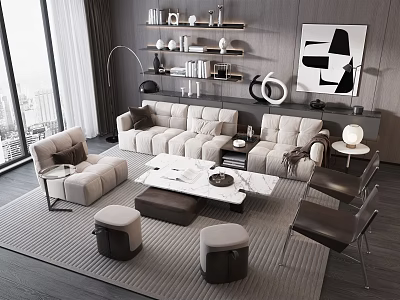 Modern Living Room Interior With Sofa Coffee Table Set Ottomans Chairs Artwork And Shelves 3d model