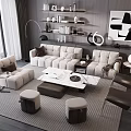 Modern Living Room Interior With Sofa Coffee Table Set Ottomans Chairs Artwork And Shelves