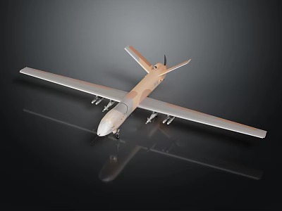 Long Winged Unmanned Military Aircraft With Camouflage Paint And Weapon Pods On Dark Reflective Background 3d model