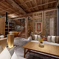 Traditional Chinese Interior Space With Wooden Ceiling Stone Walls Red Paintings And Beige Sofas