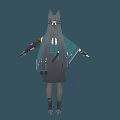 Anime Game Character Design With Fox Ears Mechanical Arm Blue Coat Uniform And Dark Skirt