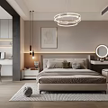 Modern Bedroom Interior With LED Strip Headboard Round Pendant Light Wall Art And Area Rug