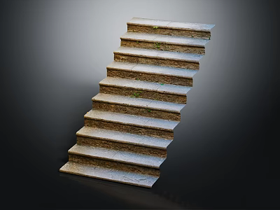 Gray Stone Stairs With Multiple Textured Steps And Grass On Dark Background 3d model