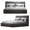 Double Bed with Dark Gray Headboard White Pillows Gray Cushions and White Bedding Stripes