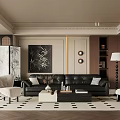 Elegant Living Room With Black Leather Sofa White Armchair Decorative Painting And Geometric Rug