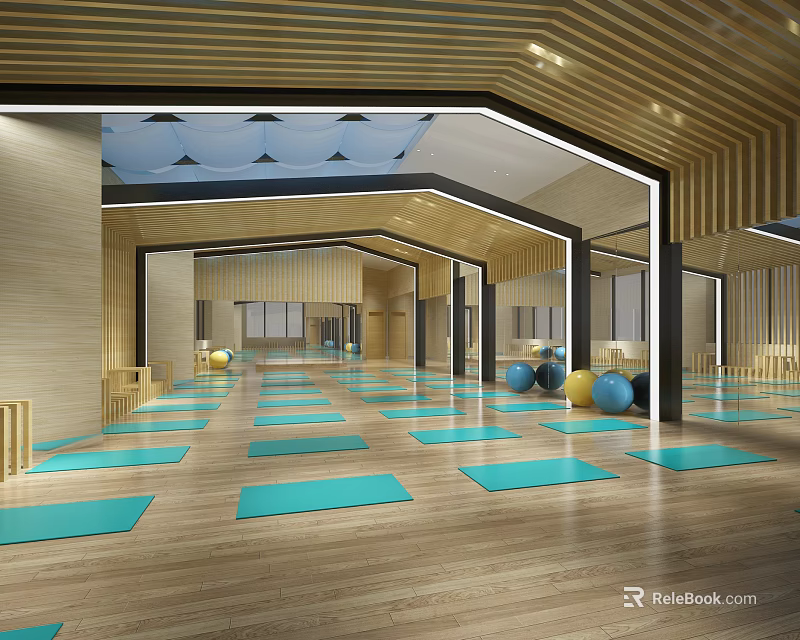 Modern Spacious Yoga Fitness Studio With Blue Mats Exercise Balls And Wooden Floors 3d model 