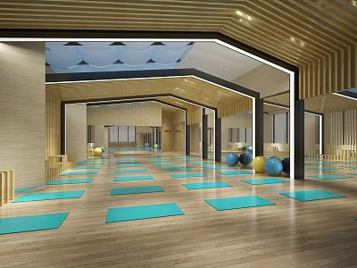 Modern Spacious Yoga Fitness Studio With Blue Mats Exercise Balls And Wooden Floors 3d model