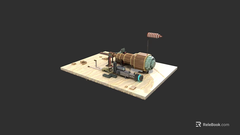 Ancient Artillery Weapon 3D Model Display With Wooden Structure And Small Flag 3d model
