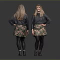 Woman With Long Hair Wearing Gray Sweater And Floral Skirt Front Back View