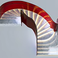 Elegant Modern Spiral Staircase With Red Railings White Marble Steps And Gold Accents