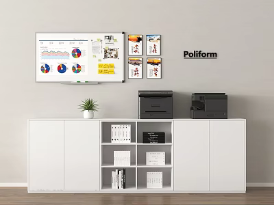 White Filing Cabinet In Modern Office With Printers Small Potted Plant Whiteboard And Decorative 3d model