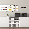 White Filing Cabinet In Modern Office With Printers Small Potted Plant Whiteboard And Decorative