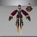 3D Character With Detailed Red Armor Purple Hair Fluffy Arms Mechanical Legs And Creature Helmet