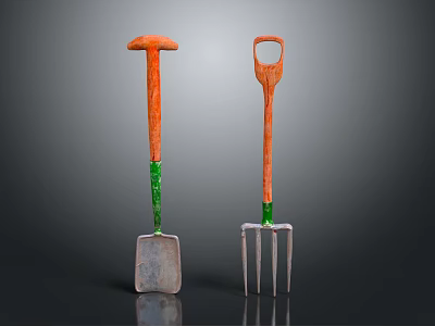 Orange And Green Handle Garden Hardware Tools With Metal Shovel And Fork 3d model