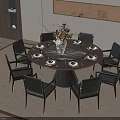 Modern Round Dining Table Set with Six Black Chairs and Decorative Vase Tableware 3d model