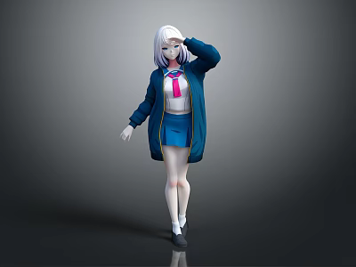 Anime Style 3D Female Character With White Hair Blue Coat Pink Necktie And Blue Skirt 3d model