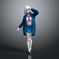 Anime Style 3D Female Character With White Hair Blue Coat Pink Necktie And Blue Skirt