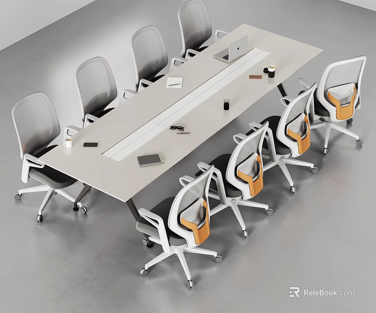 Modern Conference Room Interior With Long Table Ergonomic Chairs Laptop And Office Supplies 3d model 