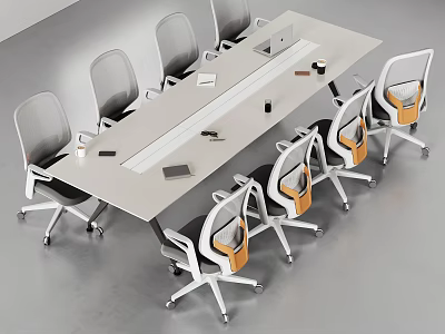 Modern Conference Room Interior With Long Table Ergonomic Chairs Laptop And Office Supplies 3d model