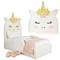 Cute Unicorn Themed Kids Bed Frame With Cartoon Face Headboard And Decorative Flowers
