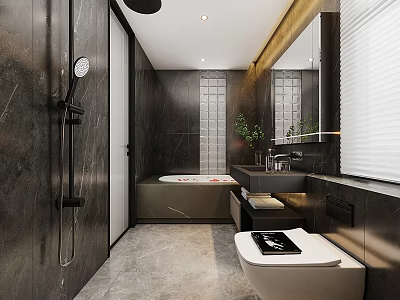 Modern Luxury Dark Marble Bathroom Interior With Full Functional Sanitary Ware And Elegant Practical Design 3d model