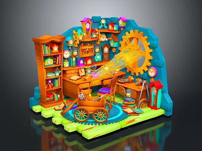 Fairy Tale Style Fantasy Workshop Room With Bookshelf Desk Giant Gear Clocks And Colorful Items 3d model