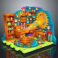Fairy Tale Style Fantasy Workshop Room With Bookshelf Desk Giant Gear Clocks And Colorful Items