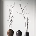 Ceramic Vessels Decorative Vases with Twigs in White Wall Interior Decor Setting 3d model
