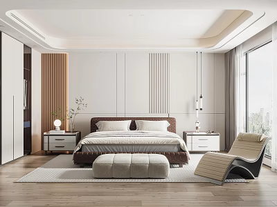 Modern Bedroom Interior Design With King Bed Bedside Table Lamp Accent Chair And Area Rug 3d model