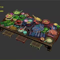 Assorted Delicious Food Dishes On Wooden Serving Platter With Bowls Skewers And Seafood